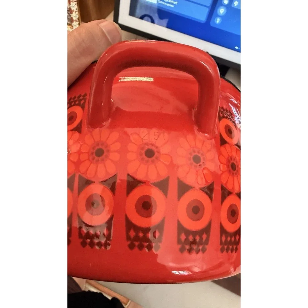 Vintage KAJ FRANCK Arabia Finel Red Flowers Enamel pot w/lid Finland MCM  2.5 l